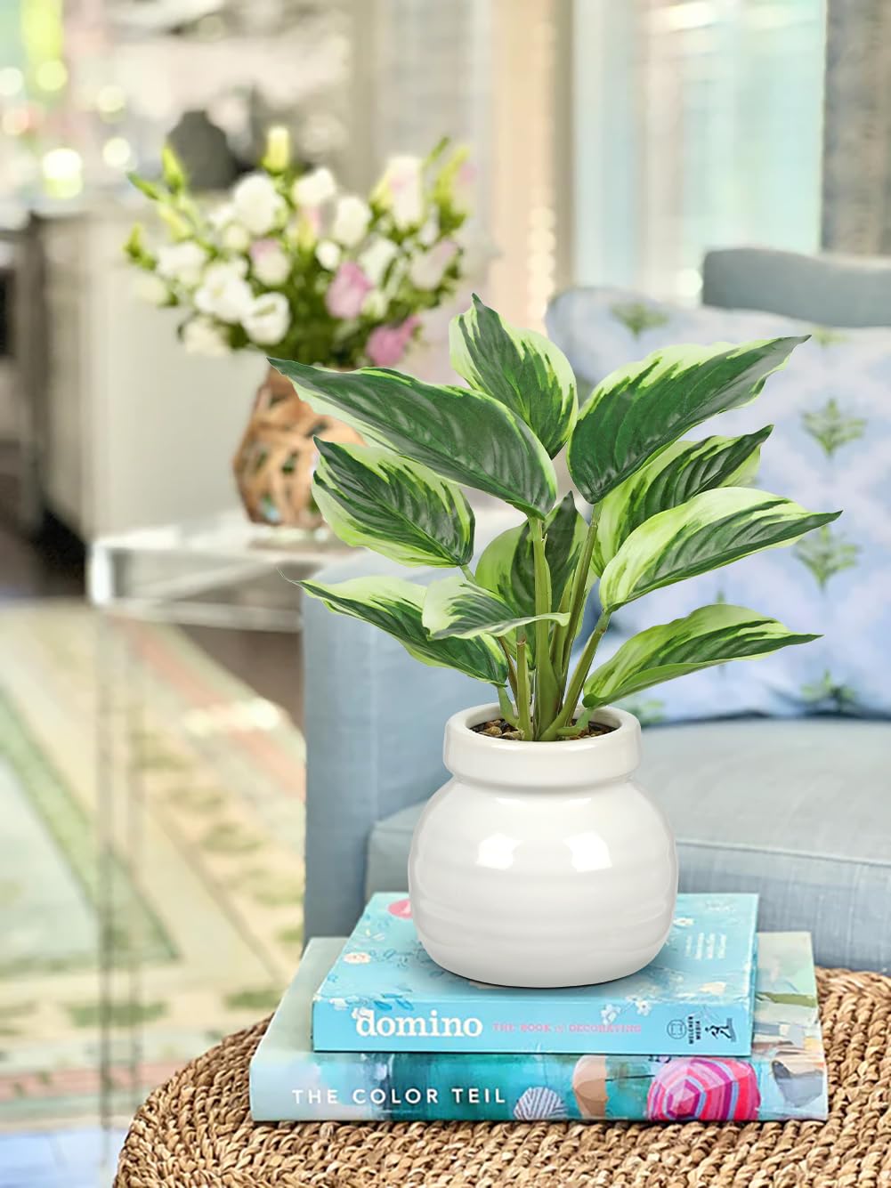 Arborus Small Artificial Plants Indoor in Ceramic Pot 11" Artificial Dieffenbachia Plants Fake Plant with White-Edged Leaf Faux Potted Desk Plants for Living Room Office Bathroom Home Decoration - Image 3