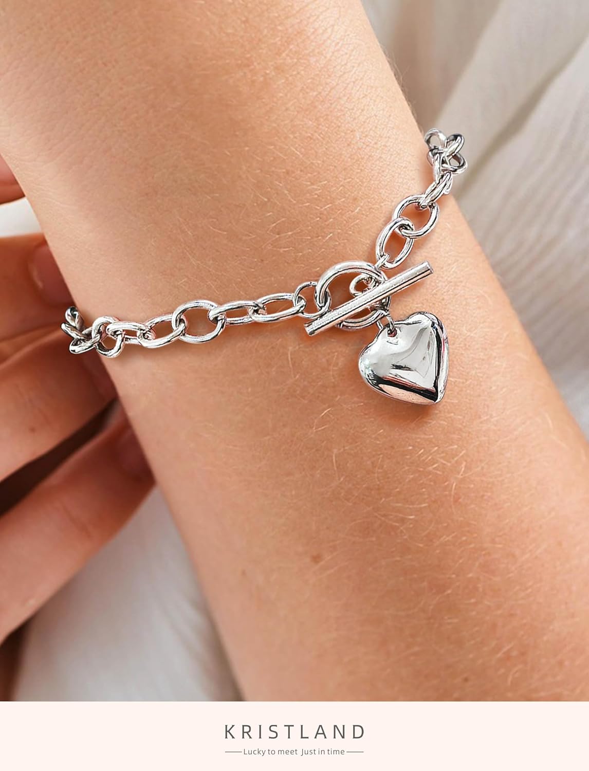 Silver Heart Toggle Bracelet Silver Plated Love Link Bracelet for Women Birthday Gift Lightweight 7.6" Long Hand Chain - Image 2