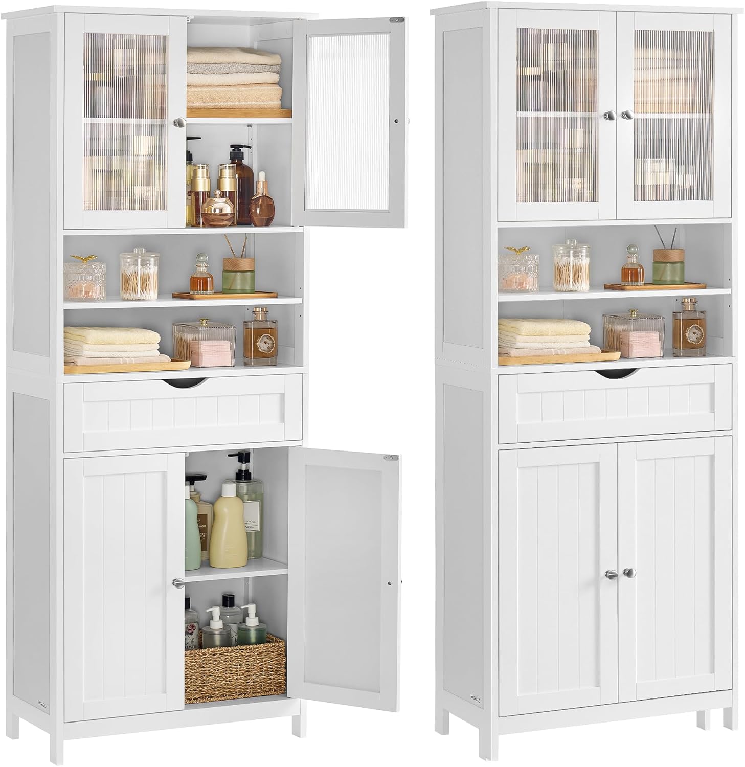 VASAGLE Storage Cabinet, Freestanding Storage Unit with Adjustable Shelves, Drawer, Open Compartments, for Bathroom, Living Room, Kitchen, Cloud White UBBC768WH01S