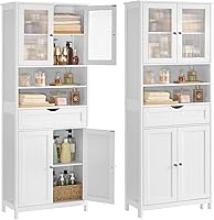VASAGLE Tall Freestanding Storage Cabinet with Acrylic Doors, Adjustable Shelves, Drawer - Cloud White UBBC768WH01S for Bathroom Kitchen