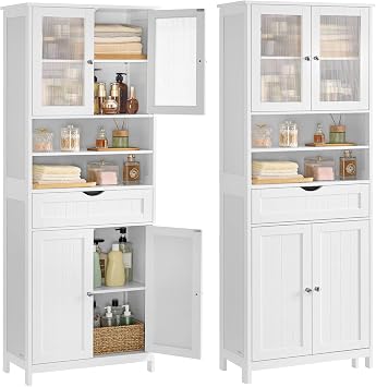 VASAGLE Storage Cabinet, Freestanding Bathroom Storage Unit with Adjustable Shelves, Drawer, Open Compartments, for Bathroom, Living Room, Kitchen, Cloud White BBC768W01