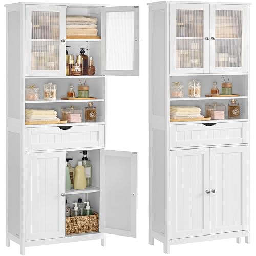 VASAGLE Storage Cabinet, Freestanding Storage Unit with Adjustable Shelves, Drawer, Open Compartments, for Bathroom, Living Room, Kitchen, Cloud White UBBC768WH01S