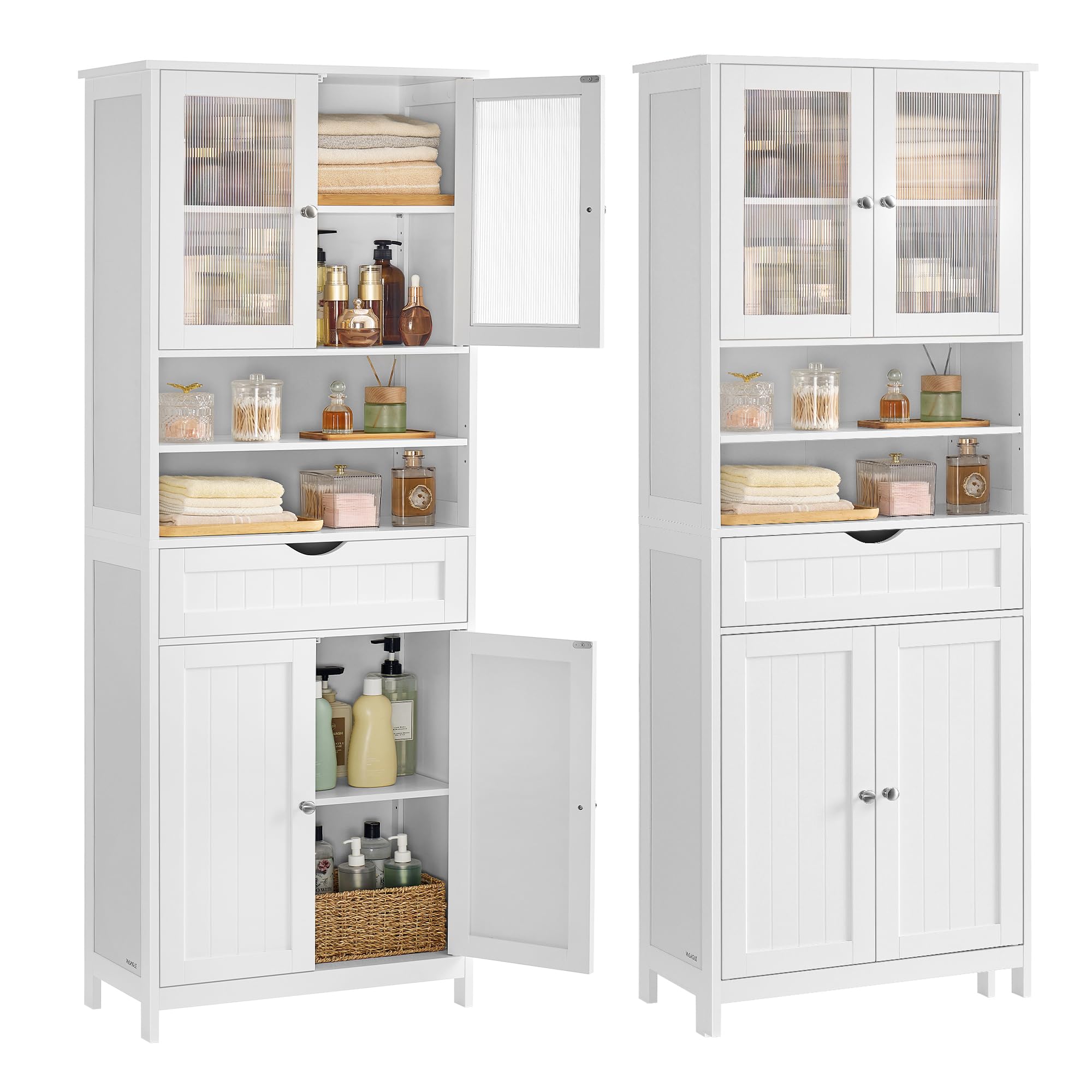 VASAGLE Badezimmerschrank, Badschrank, Aufbewahrungsschrank mit verstellbaren Ablagen, Schublade, offenen Fächern, für Badezimmer, Wohnzimmer, Esszimmer, wolkenweiß BBC768W01