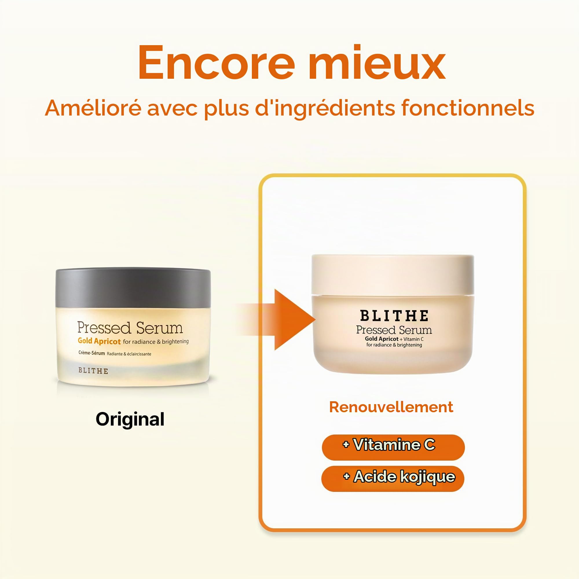 BLITHE Pressed Serum Gold Apricot – Sérum hydratant à l'extrait d'abricot et à la niacinamide, pour peau sèche et éclatante, texture rebondie, soin coréen de la peau (50 ml)