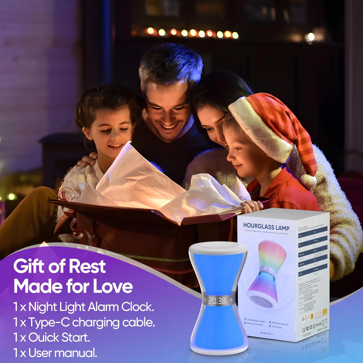 AFEXOA RGB Night Light Alarm Clock and its packaging box, along with a Type-C charging cable and user manual.