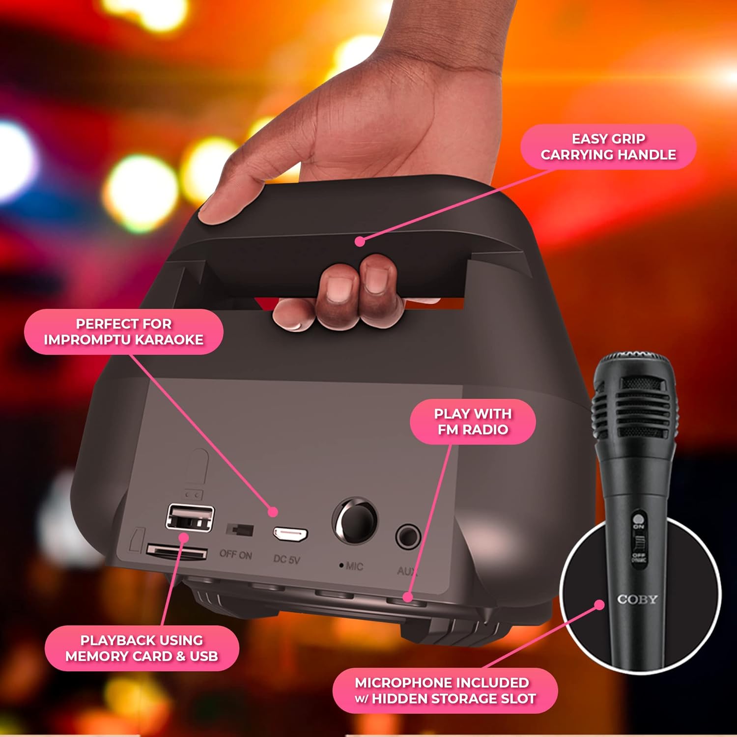 Coby True Wireless Speaker, Portable Bluetooth Speaker with 2 Woofers and LED Lighting Trim, Karaoke Mic, FM Radio, Rechargeable Battery, USB and 3.5-Millimeter AUX Port, TF Card Reader, 12-Hour Play - Image 5