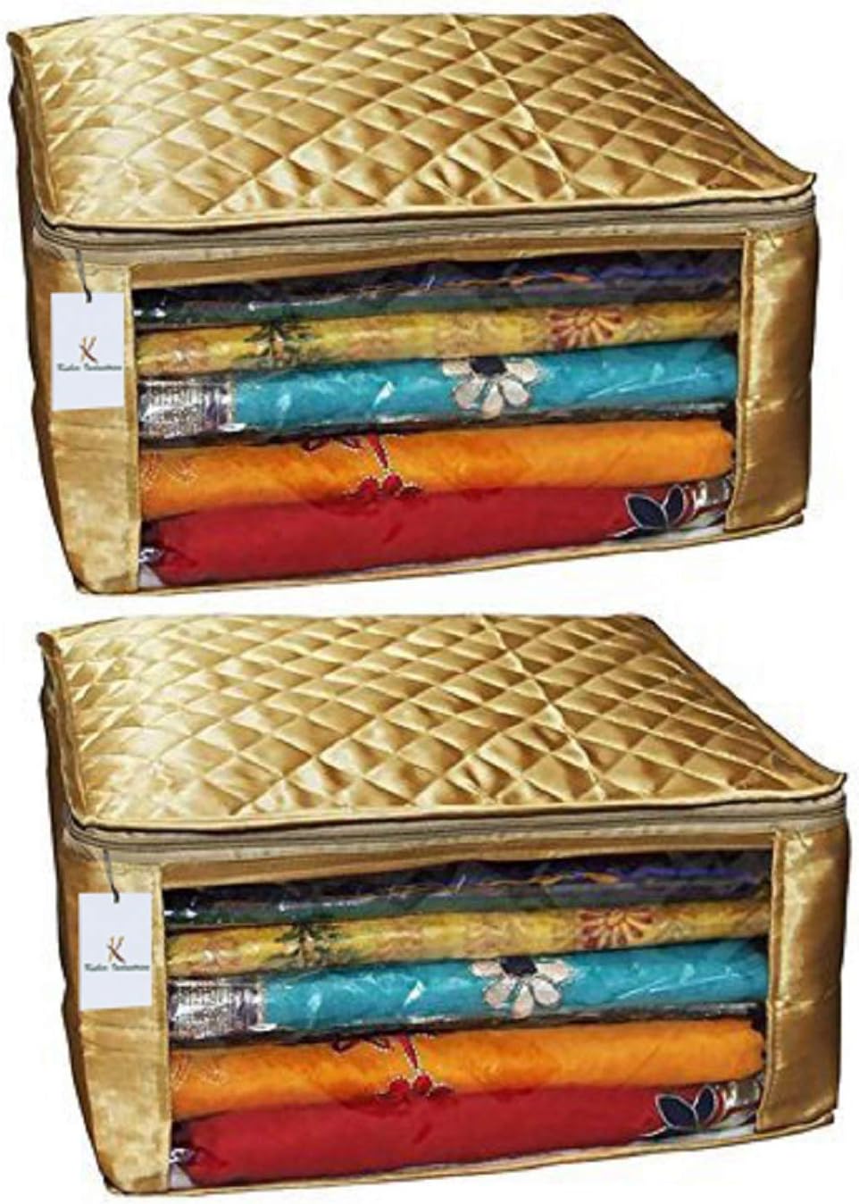 Kuber Industries Saree Cover Set of 2 Pcs Large Size in Golden Satin Wedding Gift