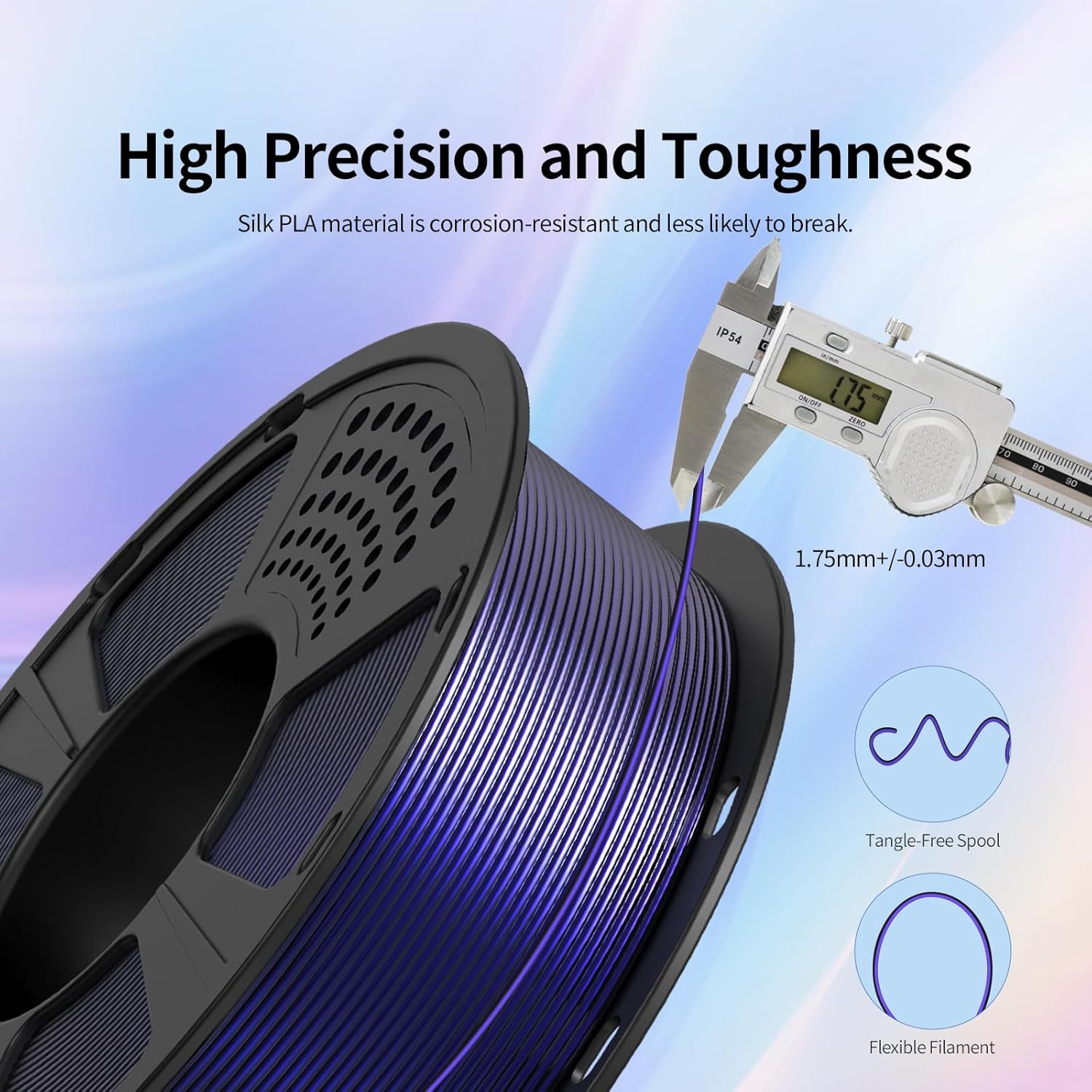 GIANTARM Tri-Colors, Silk Pla Filament, 3D Printer Filament 1.75mm +/-0.02mm, 1Kg (2.2lbs) Spool, Vacuum Packaging (Blue+Purple+Black)