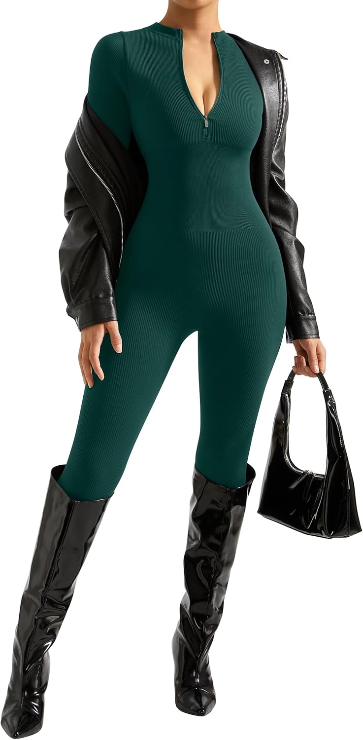 SUUKSESS Women Long Sleeve Ribbed Jumpsuit Zip up Front Workout Bodycon Romper - Image 3