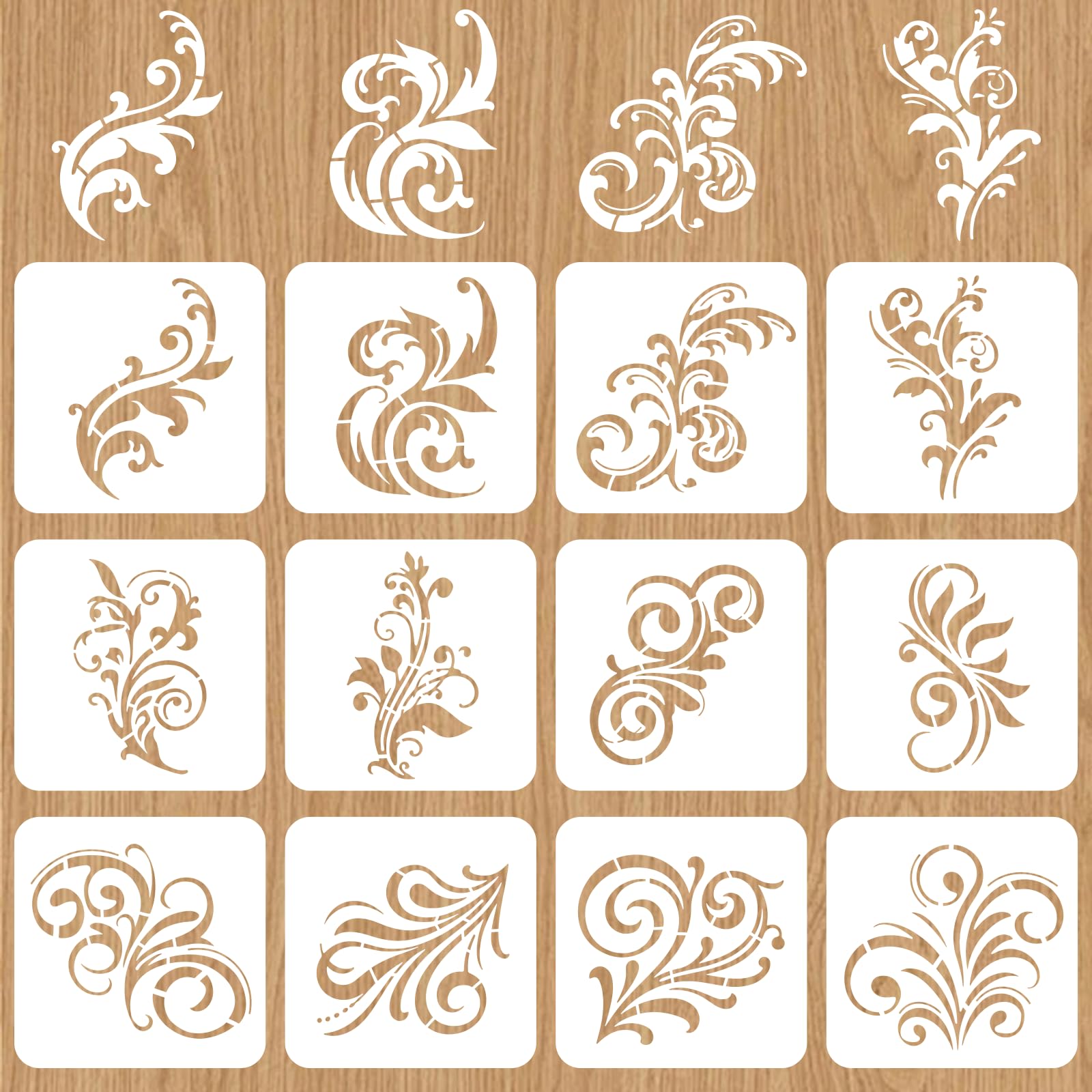 INFUNLY 12 Pcs Flower Swirls Stencil 20x20cm Leaf Scroll Reusable Wall Stencil Boho Floral Stencil Painting Stencil Set Flourish Swirls Template for Cement Wood Furniture DIY Home Decor