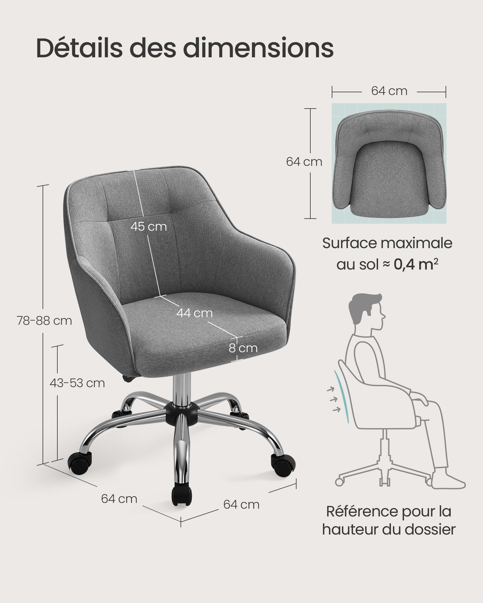 SONGMICS Chaise de Bureau, Fauteuil Ergonomique, Siège Pivotant, Réglable en Hauteur, Capacité 110 kg, Cadre en Acier, Tissu en Coton-Lin Respirant, pour Bureau, Chambre, Gris OBG019G01