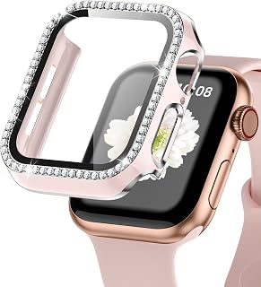 for Apple Watch case 40mm with Tempered Glass Screen Protector for iwatch Series 6/5/4/SE, Bling Crystal Diamond Rhinestone Bumper Full Cover Protective Case Women Girls 40mm Pink