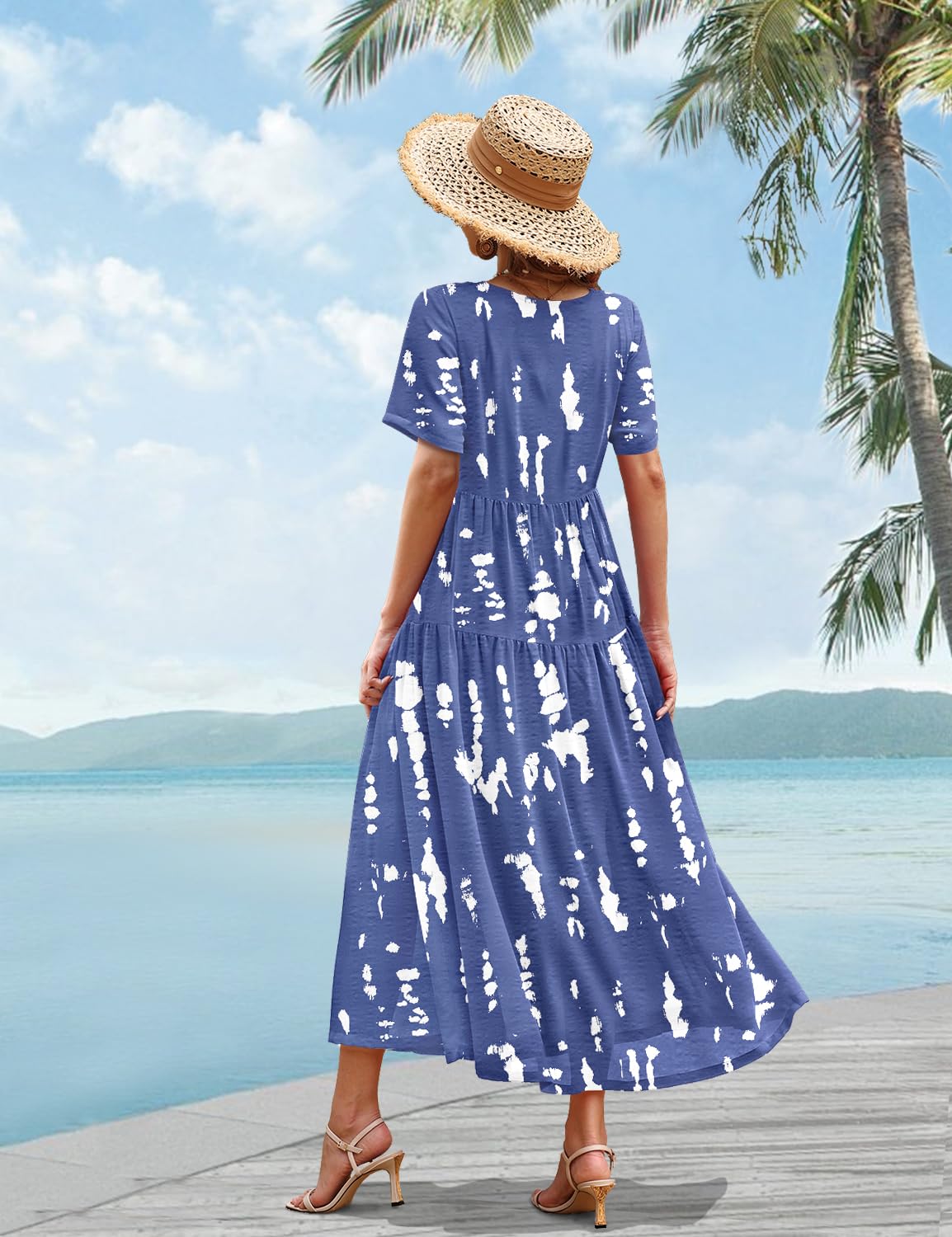 YESNO Damen Kleider Freizeit Lose Sommerkleid Lang Boho Maxikleid für Rundhals Strandkleid Blumenkleid EJFDE