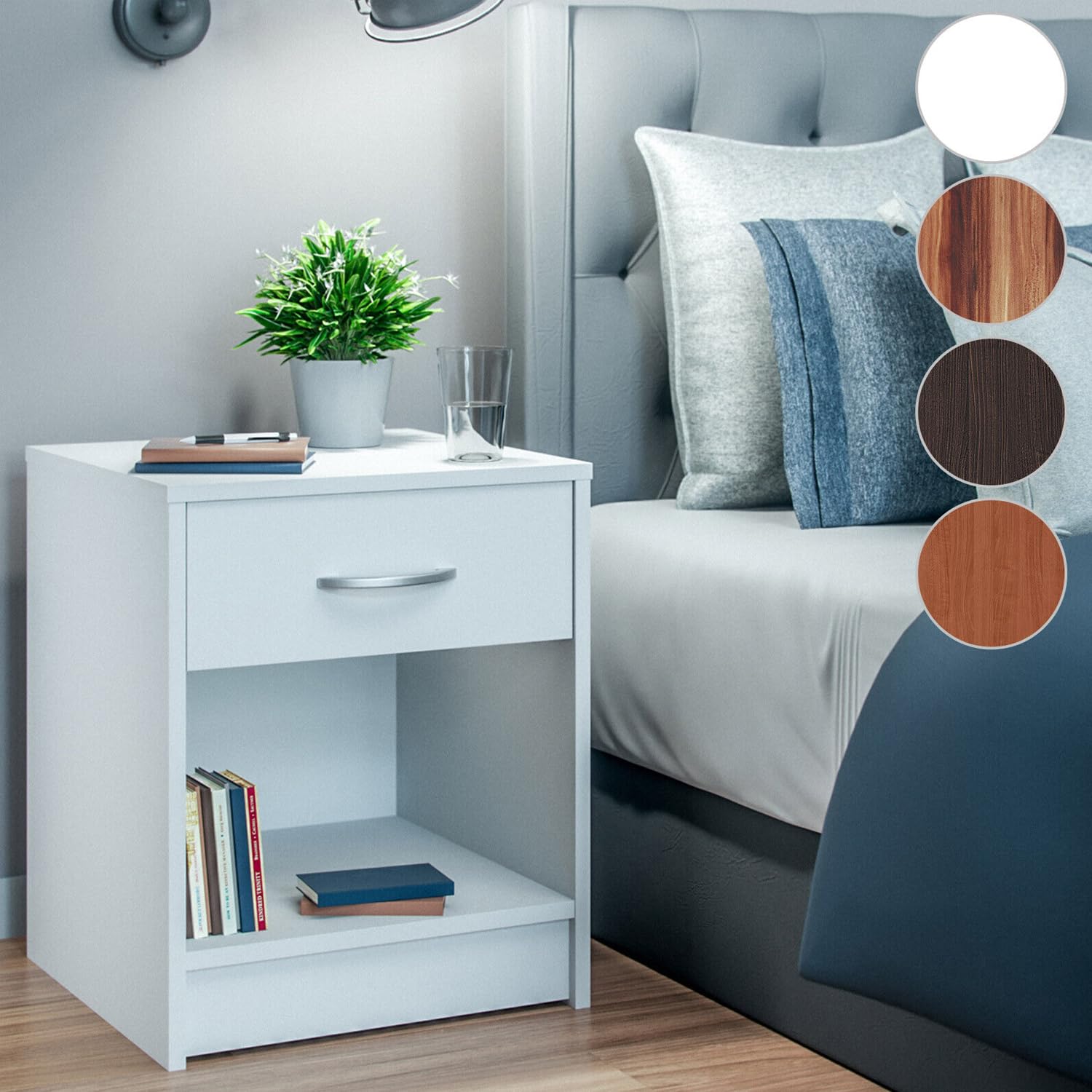 YORKSHIRE HOMEWARE Bedside Cabinet Side Table Living Room Bed Side Tables 1 Drawer End Small Cabinets with Shelf Bedroom Bedside Cabinet Decor Decorative Tables, W37 x D30 x H38cm (White)