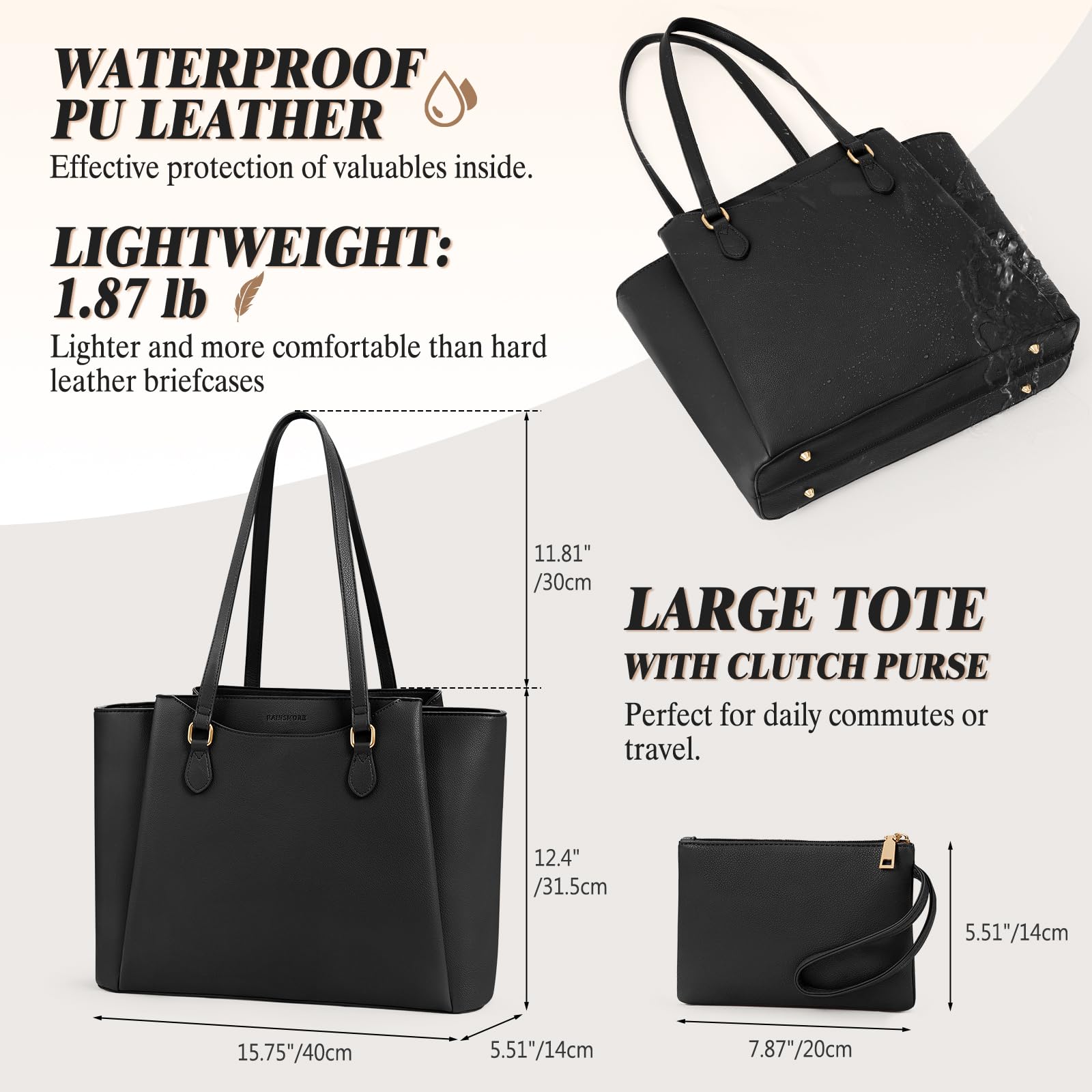RAINSMORE Handtasche Damen 15,6 Zoll Shopper Tote Bag PU Leder Laptoptasche Business Schwarz