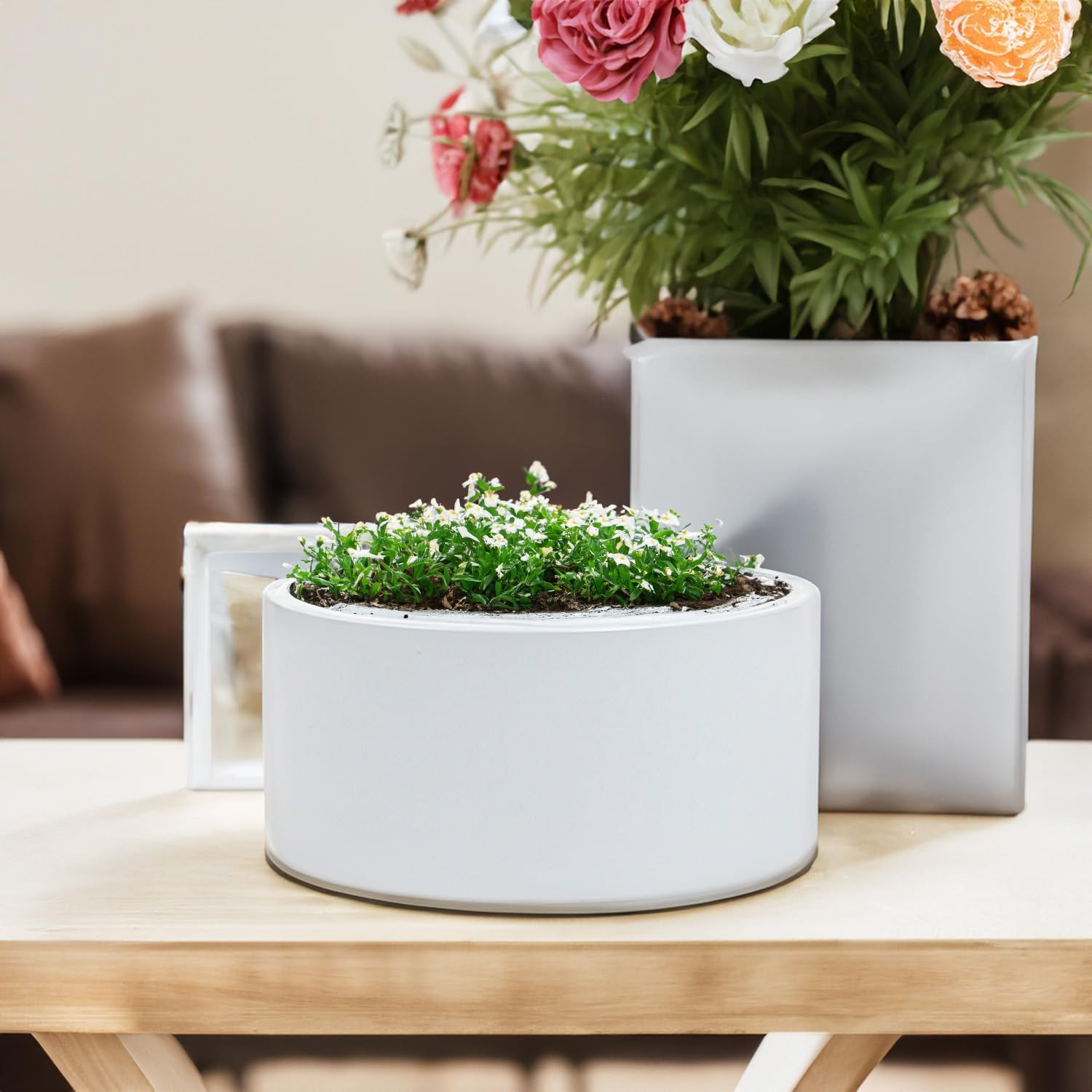 WGV Matte White Ceramic Cylinder Vase Width 8" Height 4" Elegant Modern Floral Container Planter Pot Centerpiece for Event Wedding Home Decor, White, 1 Piece