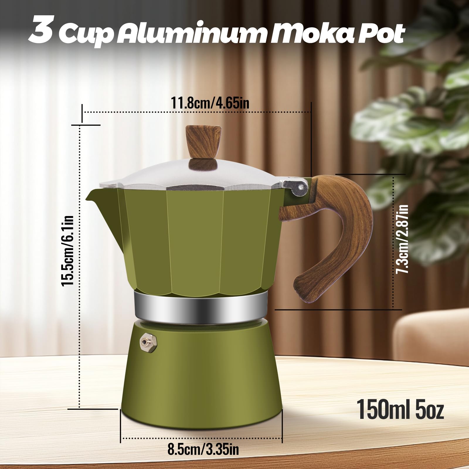 Cafetera de aluminio para 3 tazas, cafetera clásica de 150 ml, cafetera percoladora Mocha Express, cafeteras preferidas para café italiano y cubano, color verde