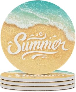 Ceramic Coasters for Drinks Ocean Yellow Sand Beach Summer Absorbent Coasters Round Anti Scratch Cork Suitable for Kinds of Cups, Home Decor Office Kitchen 4.1 Inch Set of 4