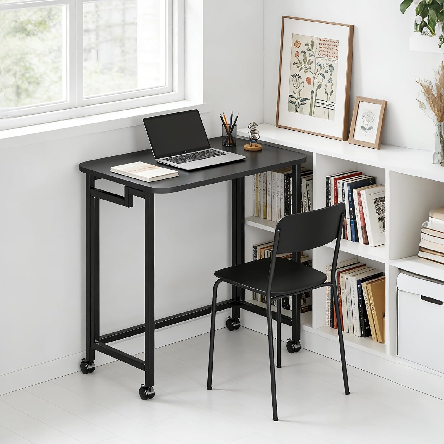 JSB Folding Desk for Small Spaces,Mobile Portable Rolling Laptop PC Table on Wheels,Foldable Computer Desk for Home Office,Bedroom,Dorm,Space Saving (All Black, 23.6")
