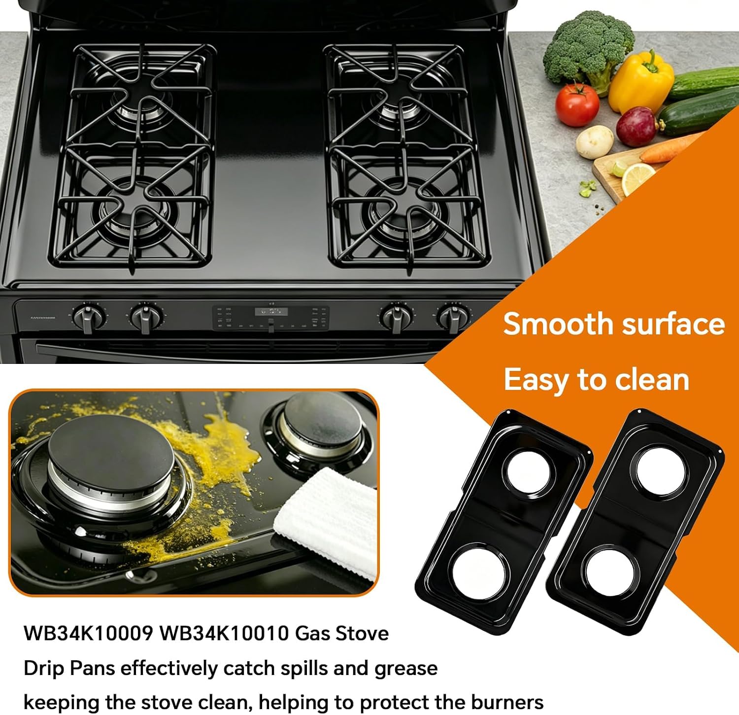 WB34K10009 WB34K10010 Drip Pans Replacement for GE Hotpoint Gas Stove Range Parts, 16.6" x 8" Black Double Burner Drip Pans, Compatible with GE Spectra XL44 Series, Catch Pan Drip Bowls 2 2Pcs
