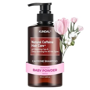 KUNDAL Korean Hair Care Caffeine Shampoo, Baby Powder, 16.9 Fl Oz - Sulfate Free, Menthol & Botanical Extracts, For Fuller Looking Hair, Refresh & Manageability