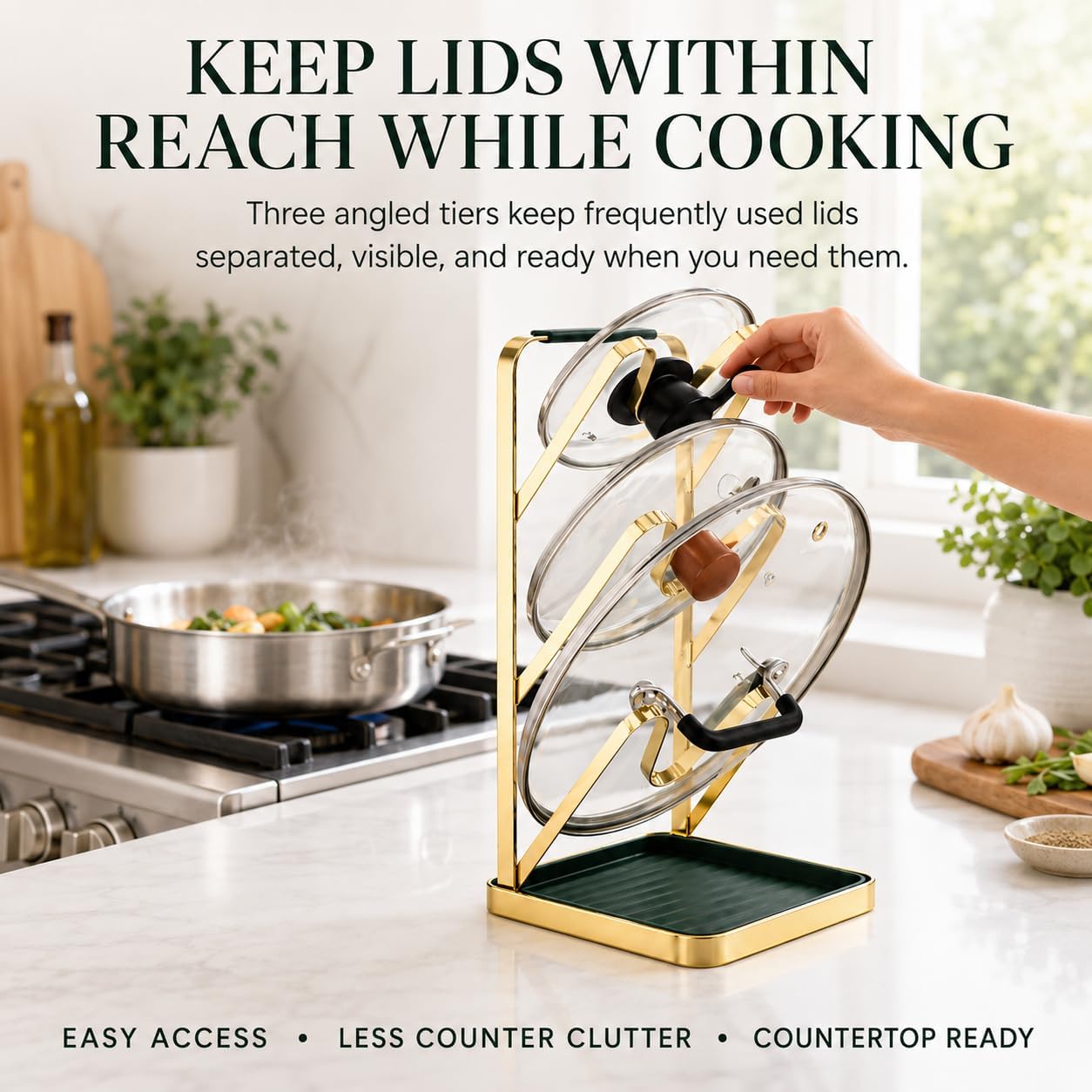 Spoon Rest with Lid Holder, 3-Tier Pot Lid Holder While Cooking, Countertop Organizer with Detachable Drip Tray, Pot Cover Rack for Stove Top, Gold/Dark Green