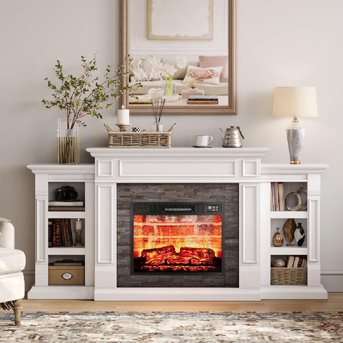 Naice 72" Electric Fireplace with Mantel and Cabinets, Fireplace TV Stand for Living Room Bedroom, Stacked Stone Surround and Remote Control 3D Realistic Flame