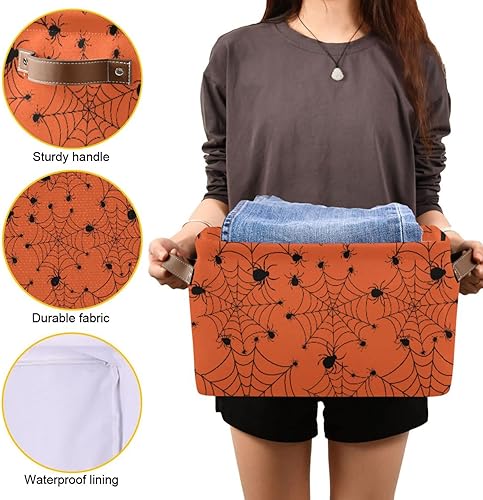 Miniatura 8 de ALAZA Caja de almacenamiento plegable de tela de araña de Halloween, color naranja, cesta organizadora con asas para estantes, armario, sala de