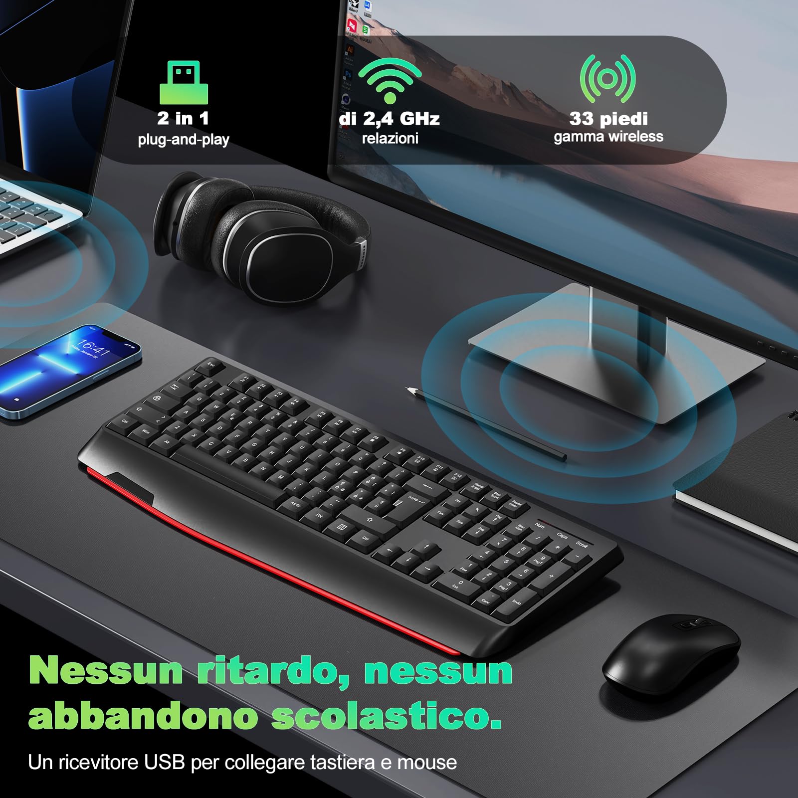 cimetech Tastiera e mouse wireless, tastiera ergonomica 2.4G per computer portatili con poggiapolsi, tastierino numerico, 1600DPI per computer portatili PC (Layout Italiano QWERTY - Nero)