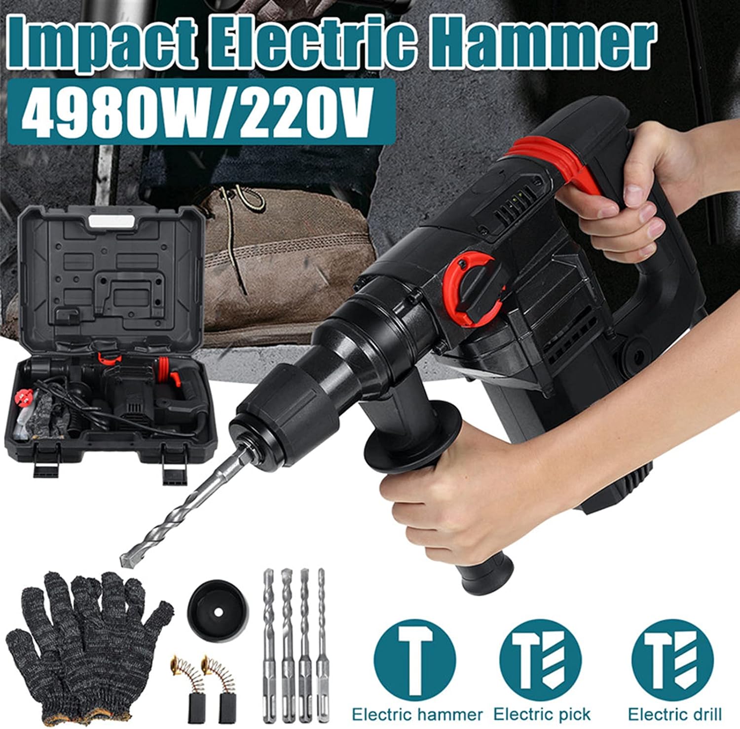 Household Multifunctional Electric Hammer Electric Pick, 220V 4980W High Power Percussion Drill Electric Drill Industrial Heavy Concrete Electric Hammer
