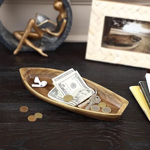 Miniatura 5 de Bandeja de servir Lucky Boat, placa de madera maciza de acacia con forma interesante para servir postres, frutas, aperitivos y adornos de la casa,