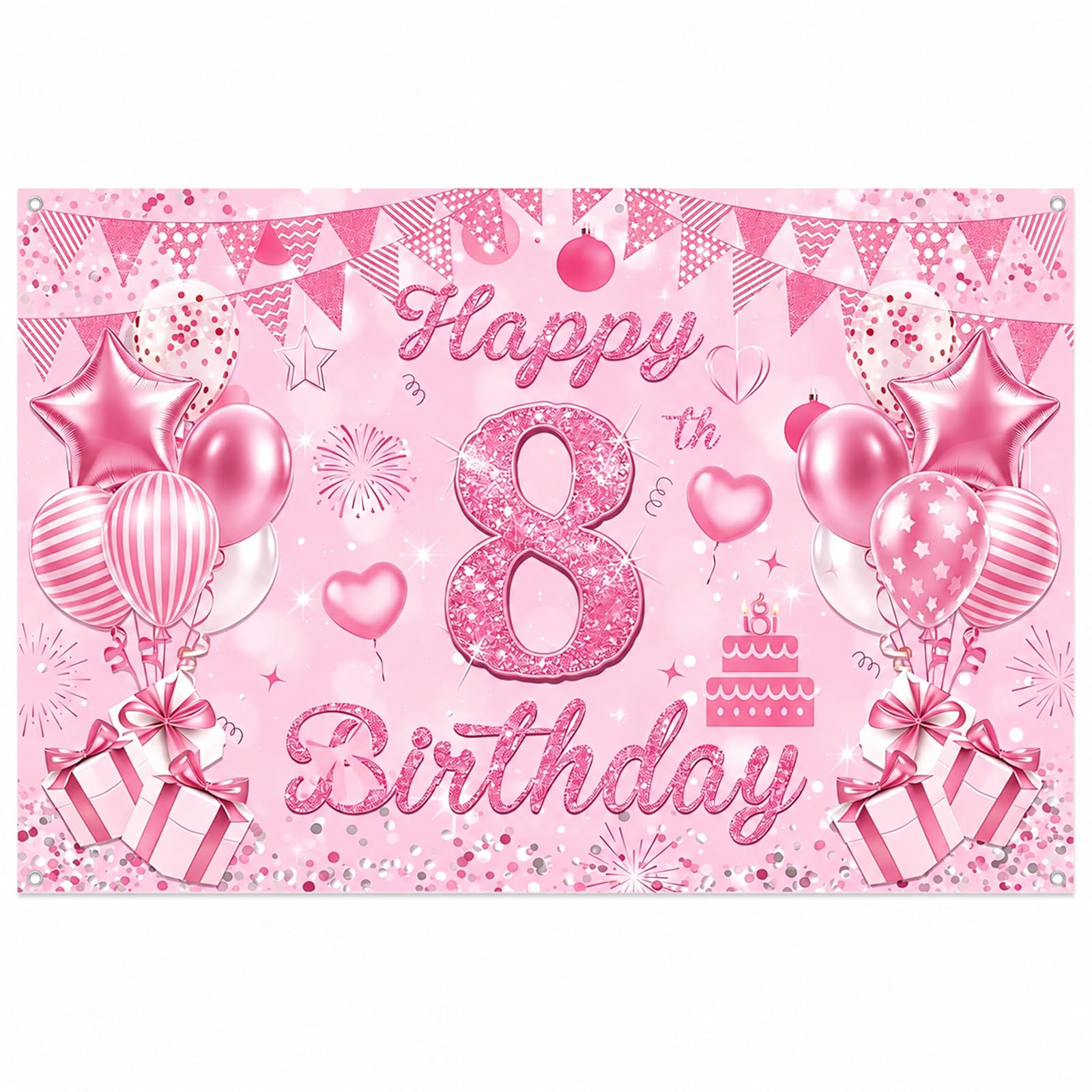 8th Birthday Decorations Backdrop Banner - Pink Happy 8th Birthday Banners Decor for Girls, Bow Balloons Large Birthday Banners Photography Background Welcome Sign for 8 Years Old Party Supplies