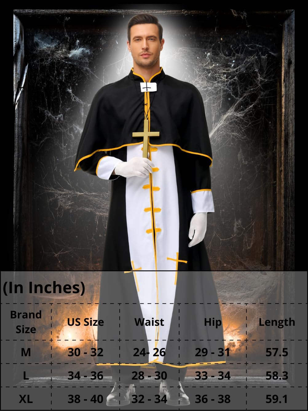 Mens 3 Pcs Priest Costume, Robe With Cape & Gloves & Cross, Cospaly Pastor Halloween Outfits - Image 6