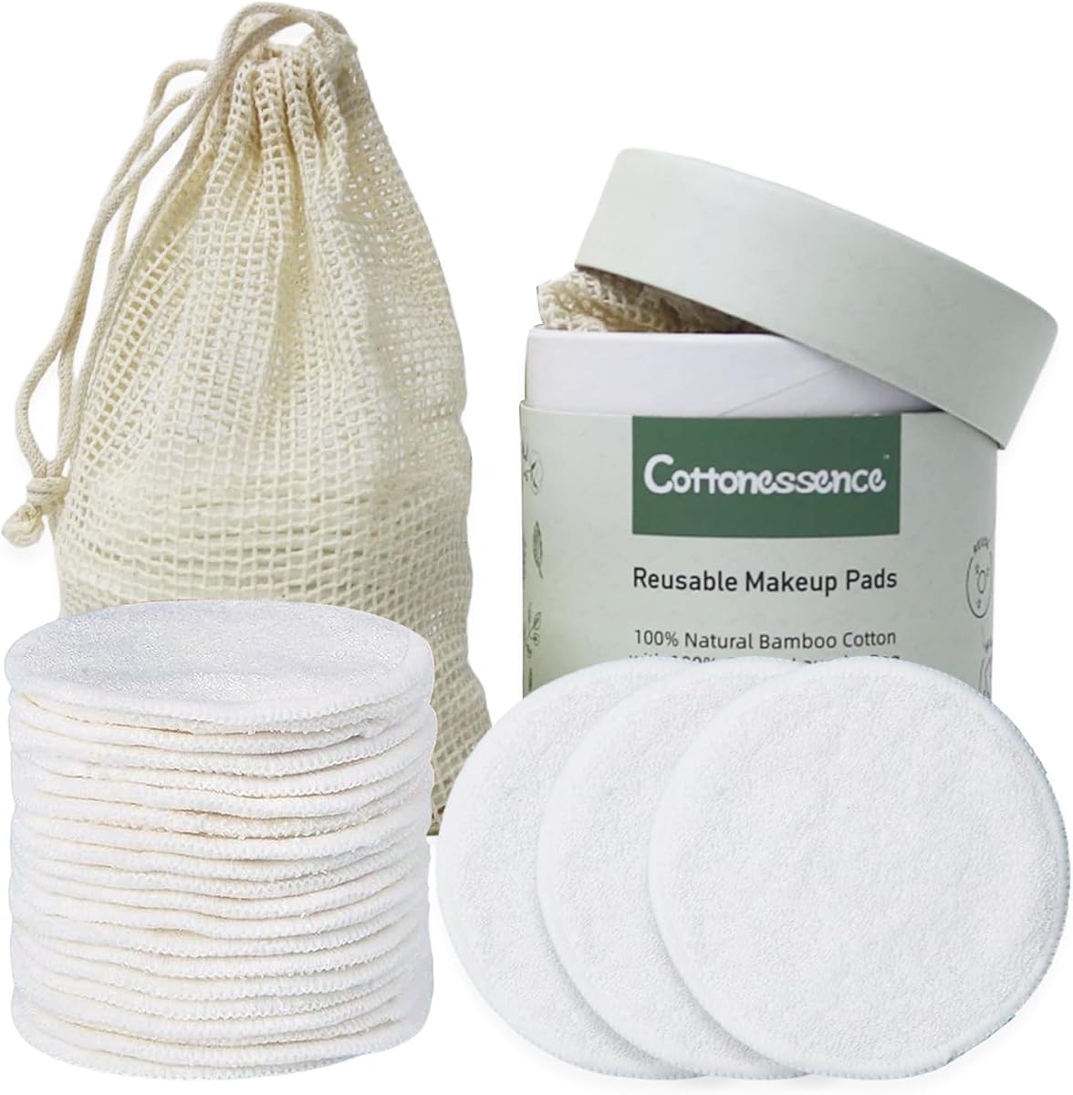 Reusable Makeup Remover Pads - 25 Pack Cotton Rounds with Washable Laundry Bag and Round Box for Storage, Bamboo Cotton for All Skin Types