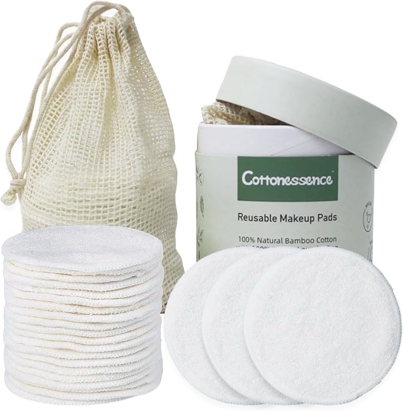 Discos reutilizáveis para remoção de maquiagem Cottonessence Bamboo Cotton, pacote com 25, saco lavável e caixa redonda