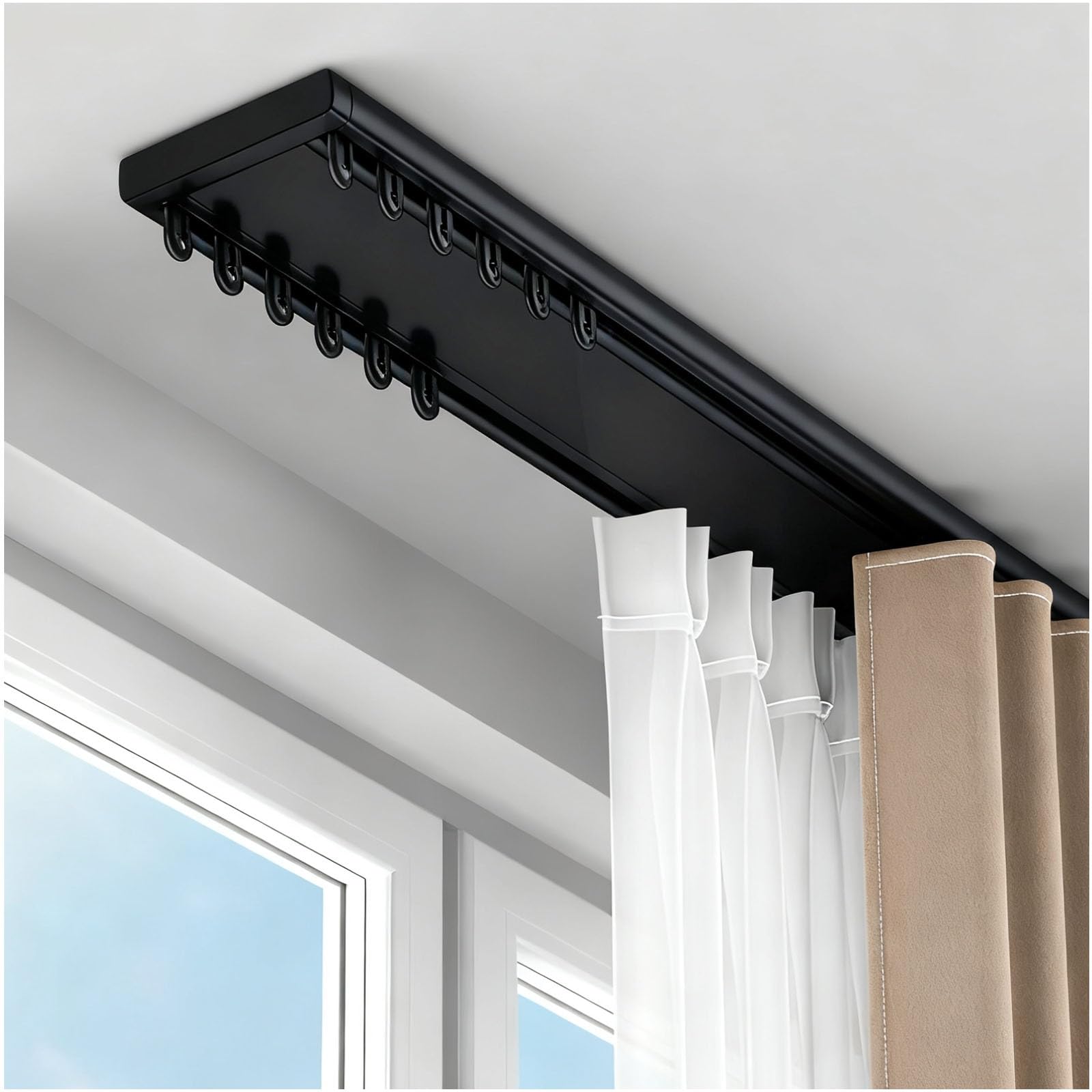 Heavy Duty Aluminum Double Curtain Tracks, 50-800 cm Silent Sliding Ceiling Rails System, for Room Divider, Drapes and Blackout Curtains in Bedroom, Living Room, Kitchen(Black,100cm)