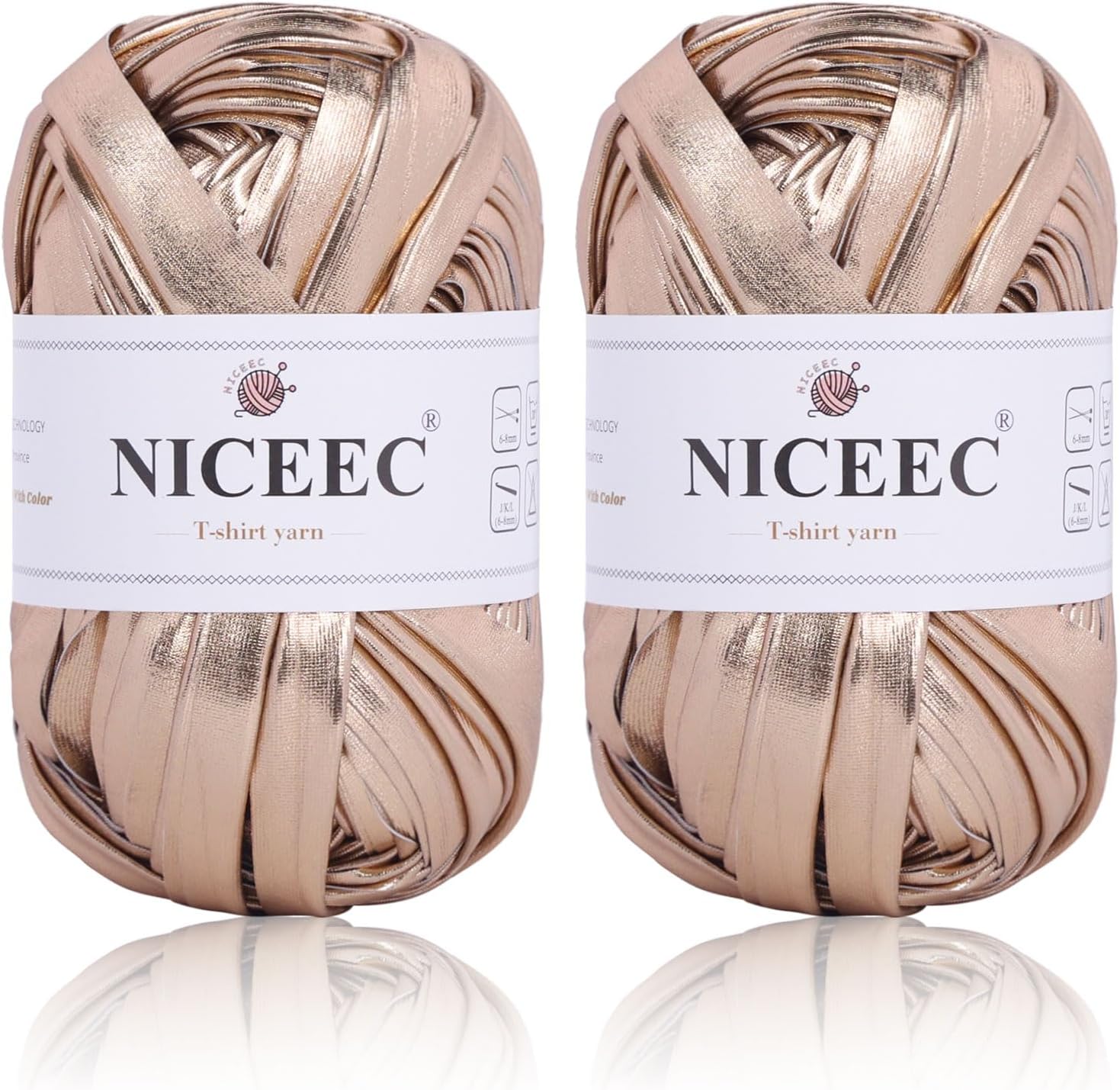 NICEEC 2 Skeins Metal T-Shirt Yarn Double-Side- Champagne