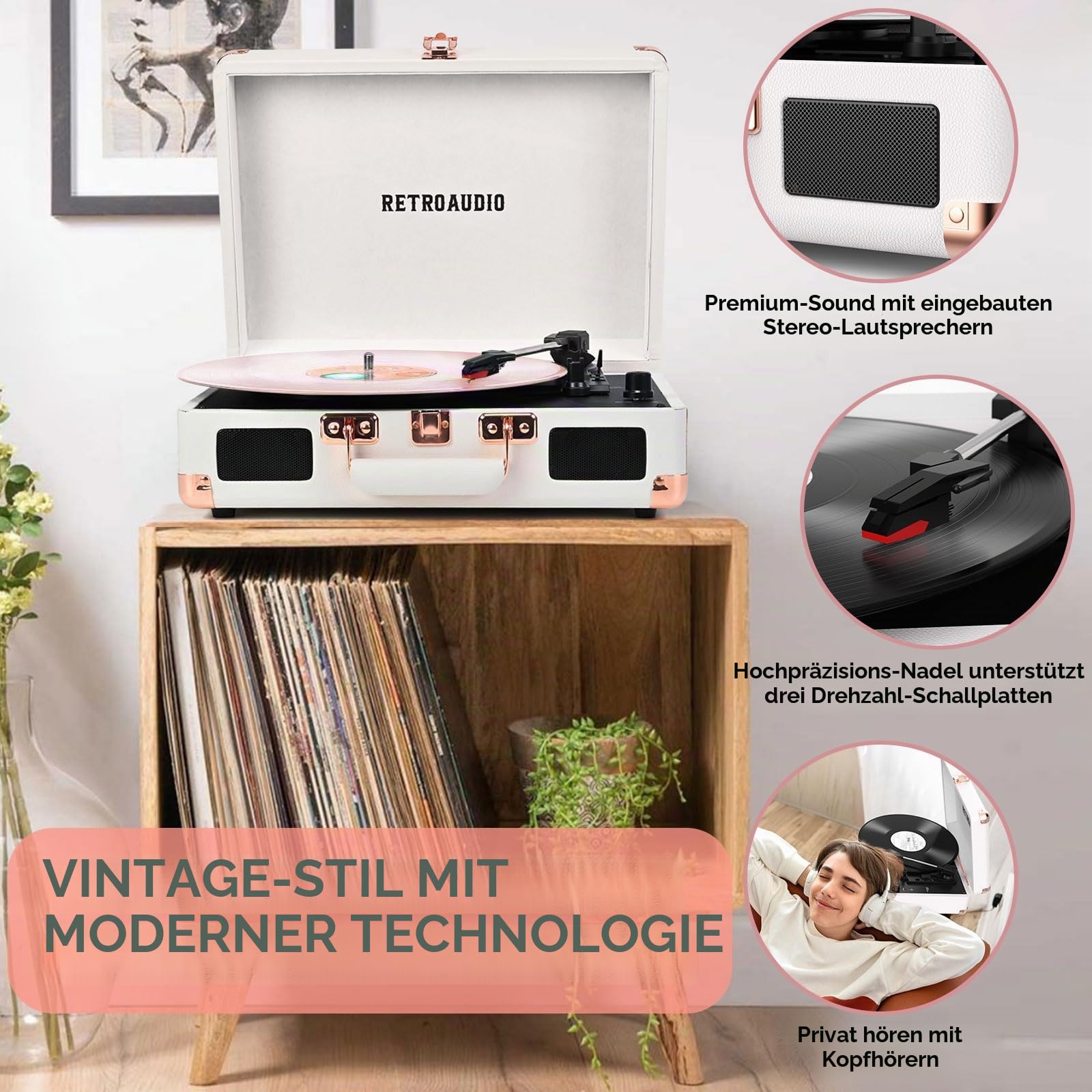 Vinyl-Plattenspieler mit eingebauten Lautsprechern, 3-Gang-Vintage-Plattenspieler, Bluetooth, tragbar, Koffer, riemengetriebener Plattenspieler, kompatibel mit RCA-Ausgang und Ausgang von