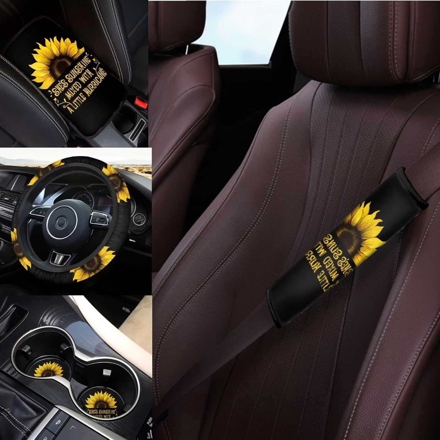 She's Sunshine Sunflower Car Accessories Set 14 Pack Sunflower Car Seat Covers Full Set with Steering Wheel Covers,Cup Coaster,Auto Trash Can Bin for Back Seat Leak Proof,Universal Fit