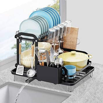 TeqHome Dish Drying Rack,Carbon Steel Dish Racks for Kitchen Counter, Space Saving Rustproof 2-Tier Dish Drainers Strainer with Drainboard, Utensil Holder, Cups Holder,Detachable,Black