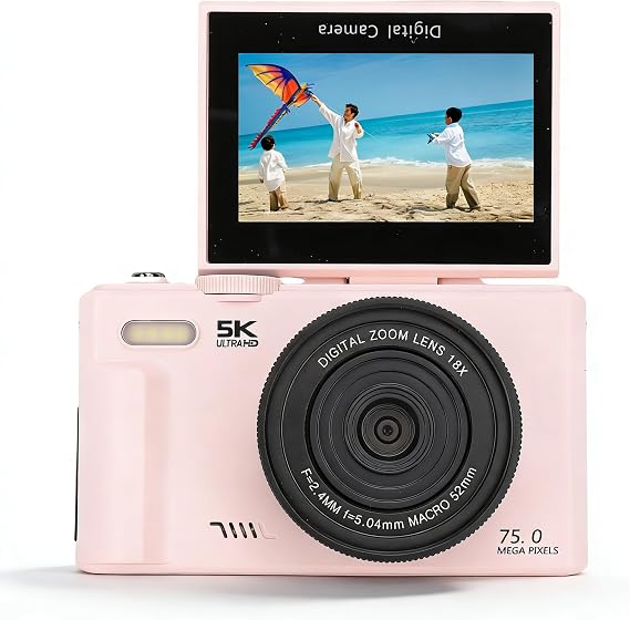 5K Digital Camera for Photos and Videos, 75MP Autofocus Blog Camera, 3 180° Flip Screen Compact Travel 18x Digital Zoom