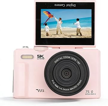 5K Digital Camera for Photos and Videos, 75MP Autofocus Blog Camera, 3" 180  Flip Screen Compact Travel 18x Digital Zoom