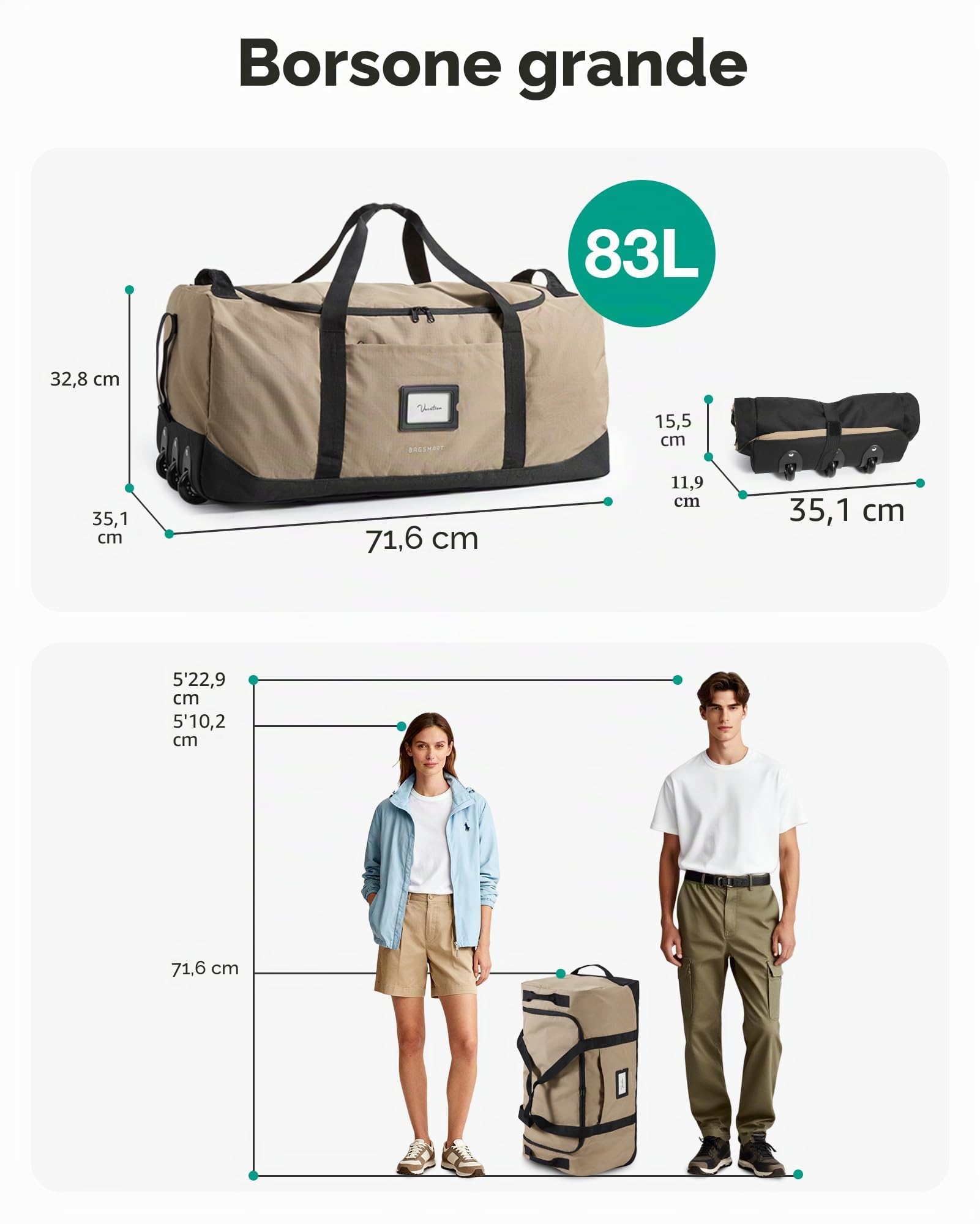 BAGSMART Borsa da viaggio pieghevole con ruote, 80 l, leggera, borsa sportiva con 3 ruote, grande borsa da viaggio per uomo e donna, può essere arrotolata e conservata, grigio, 72 x 35 x 33 cm
