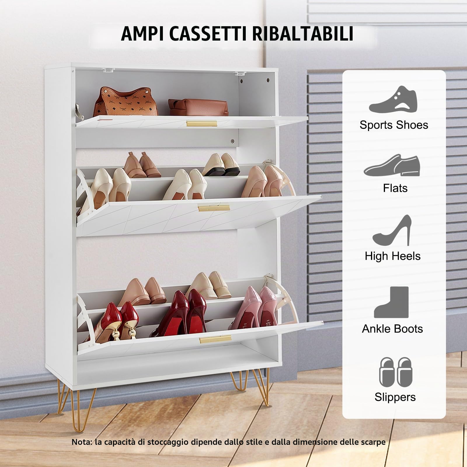 VEVOR Scarpiera a 3 Ripiani Ribaltabili per Ingresso, Corridoio, Soggiorno - Portascarpe Salvaspazio da Pavimento in Truciolare Bianco 80x24x120 cm