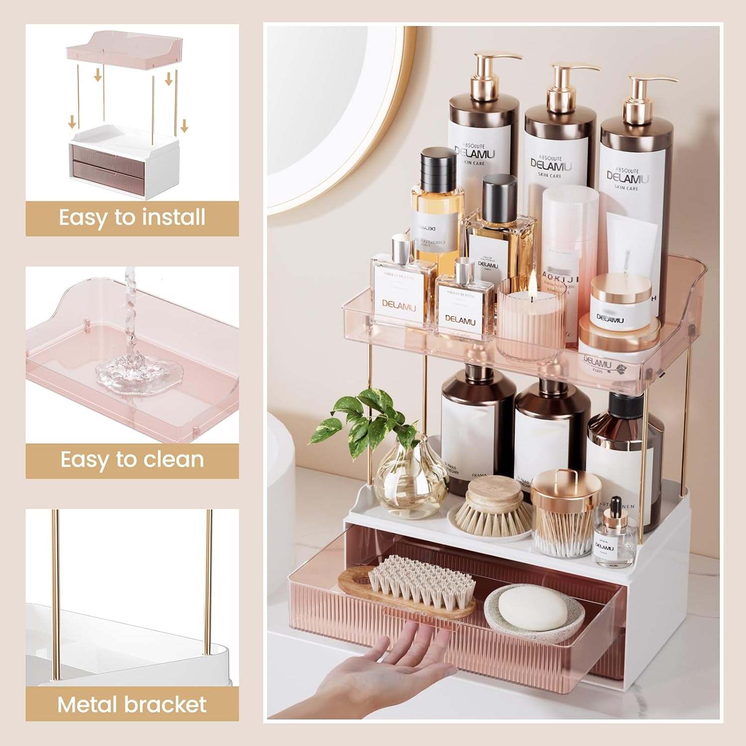 Delamu 4-Tier Makeup Organizer, Bathroom Counter, 2 Drawers, Grapefruit | Elegant Vanity Organizer Gift for Women, Holds Perfume, Skincare, Nail Polish & Hair Accessories for Bathroom Countertop