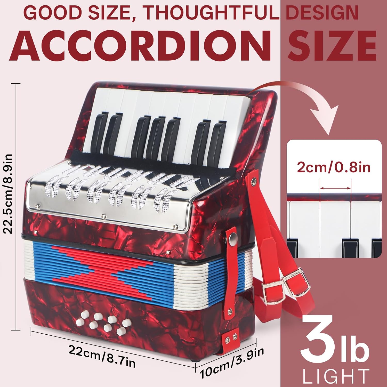 AKLOT 17 Key Piano Accordion, Lightweight & Compact Acordeon, Celluloid Accordions Brighter and Pure Tone than Plastic, Durable Metal Cover with Straps, Manual for Adult Beginners Acordeón (Red)