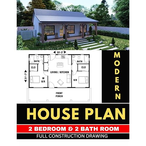 Modern 2 Bedroom & 2 bath room tiny House plan with 860 square feet: Full Complete Drawing Set
