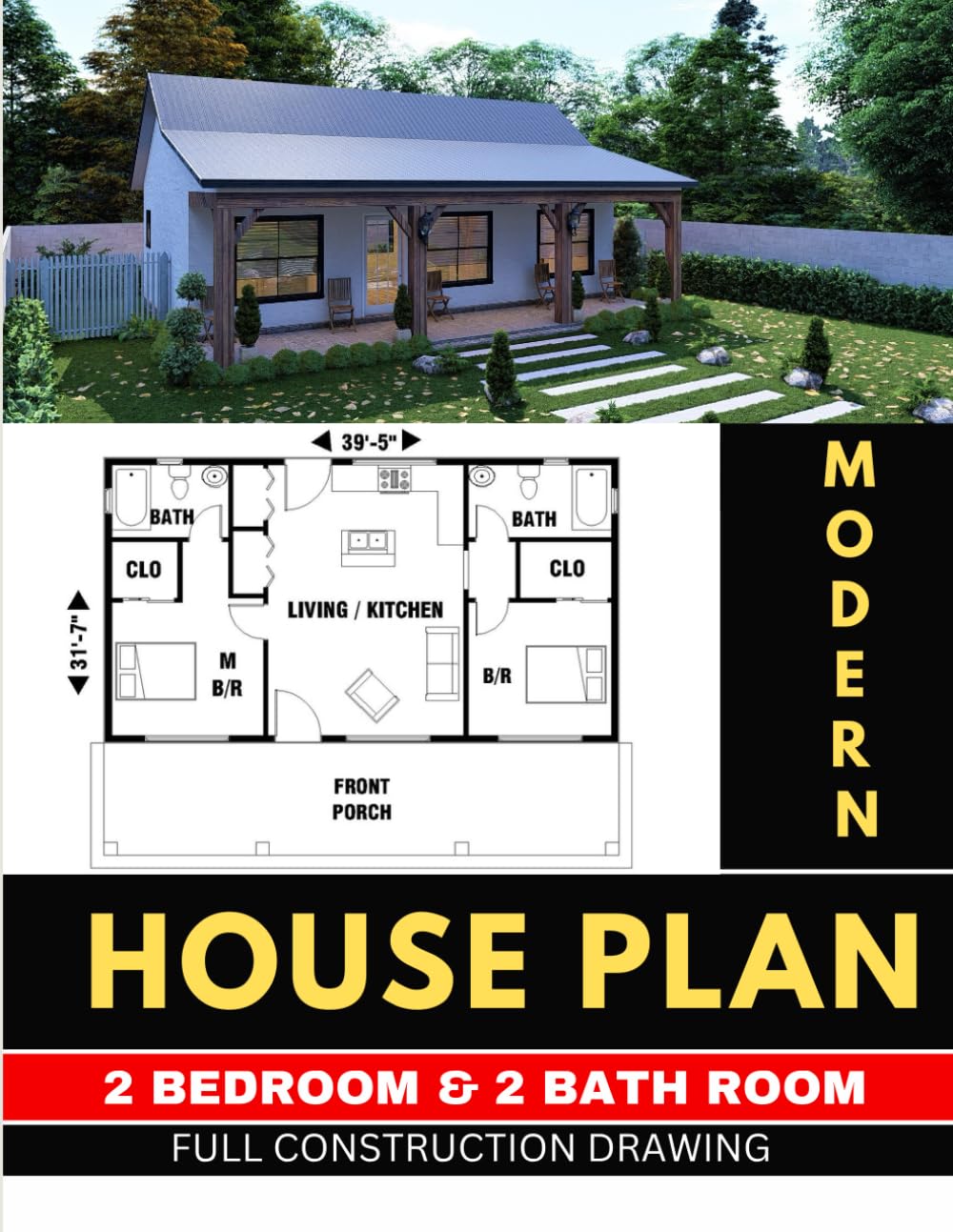Modern 2 Bedroom & 2 bath room tiny House plan with 860 square feet: Full Complete Drawing Set      Paperback – May 28, 2022