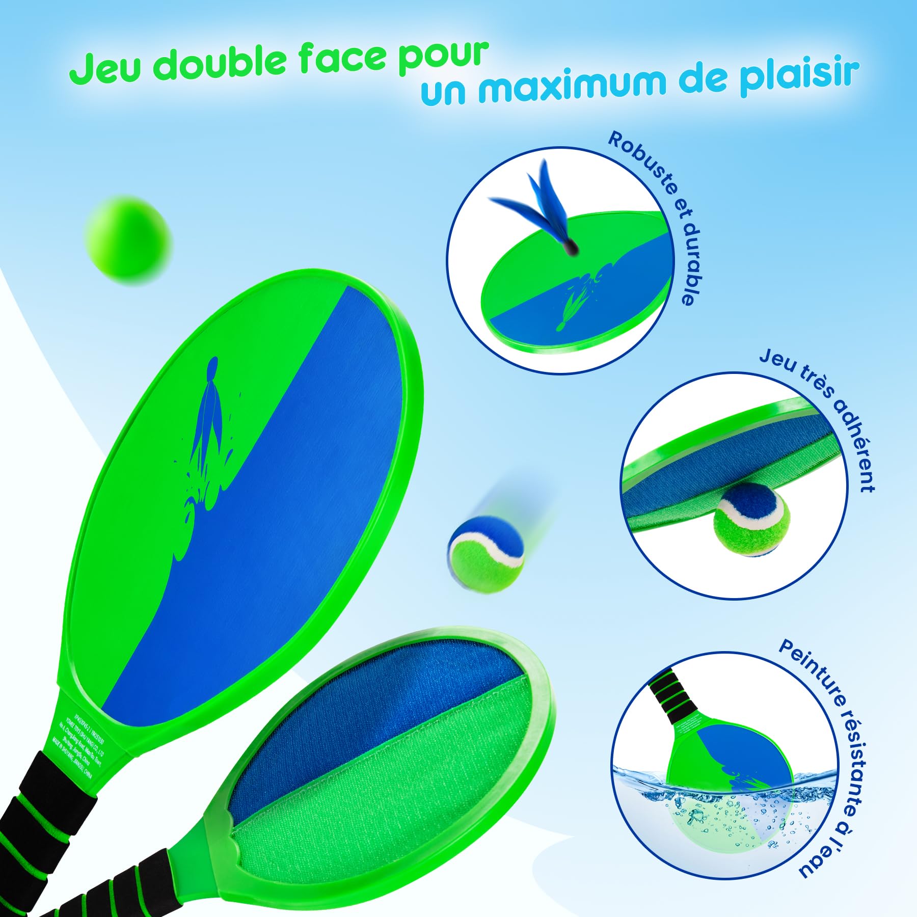 U&C Planet Ensemble de Beach-Tennis Raquettes, Balle et Jeu de Raquettes, Jeu à Deux Joueurs, Ensemble de Raquettes de Plage pour Enfants et familles, Jeux de Balle d'extérieur