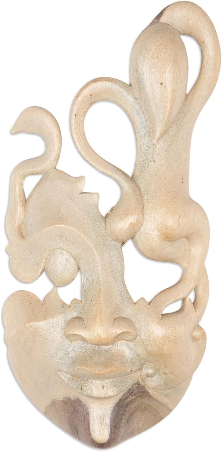 NOVICA Decorative Modern Hibiscus Wood Mask, Beige, 'Enigma'